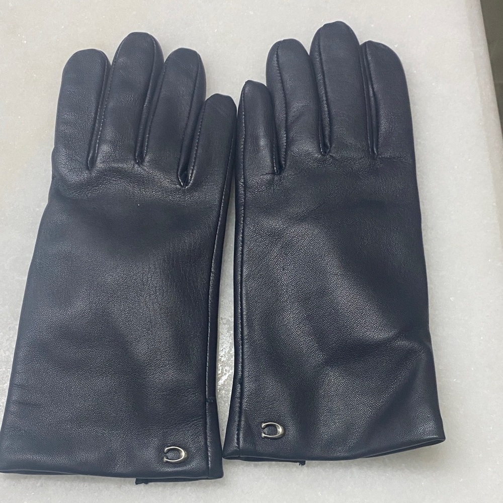 Coach Black Leather Gloves with Silver Accents